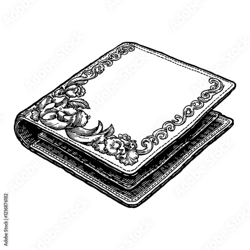 Detailed Floral Decorated Wallet Black and White Outline Line Art Drawing Isolated Object