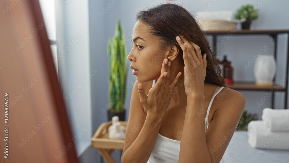 Young woman examining her skin in the mirror in a modern spa room with plants and relaxation elements in the background Young woman examining her skin in the mirror in a modern spa room with plants and relaxation elements in the background