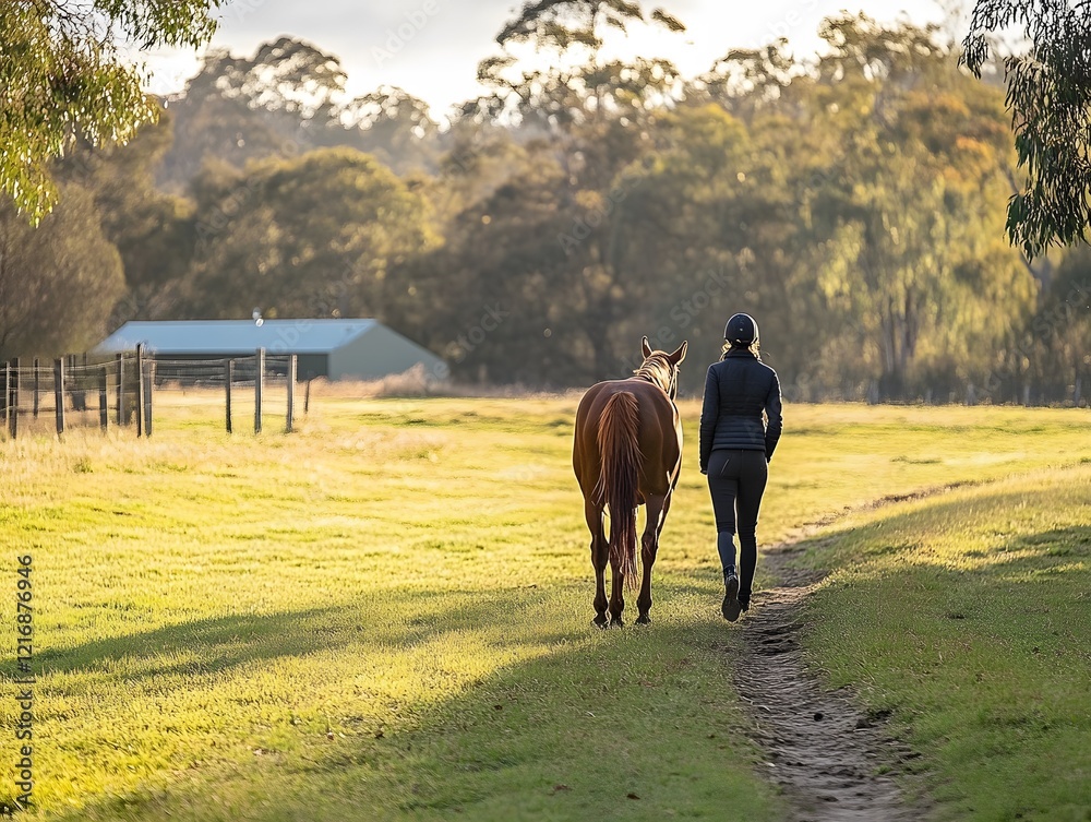 A serene scene captures a person walking alongside a horse in a lush green field at sunset, showcasing the bond between humans and animals in nature.