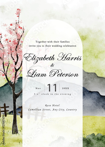 Watercolor floral landscape invitation card