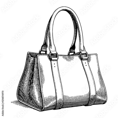 Elegant Woman Bag Black and White Outline Line Art Drawing Detailed Handle View Isolated