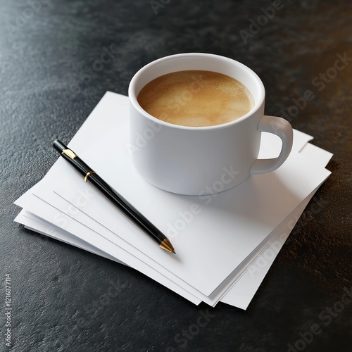 Coffee break, papers, pen, desk, work