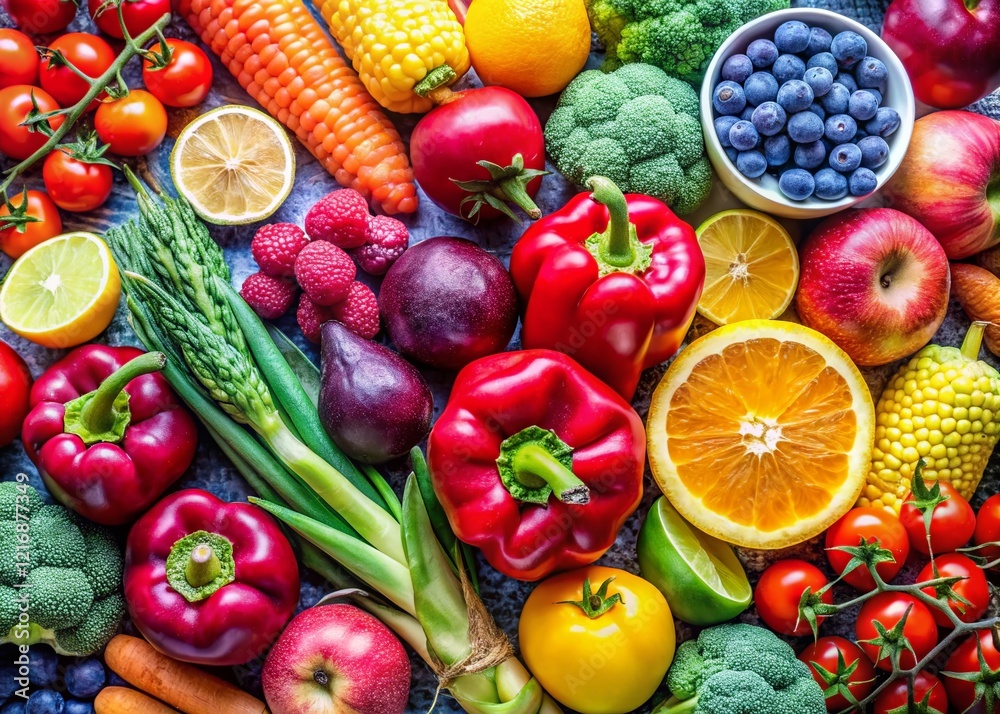 Clean Fresh Food Background Patterns: Vibrant Fruits & Vegetables Stock Photo