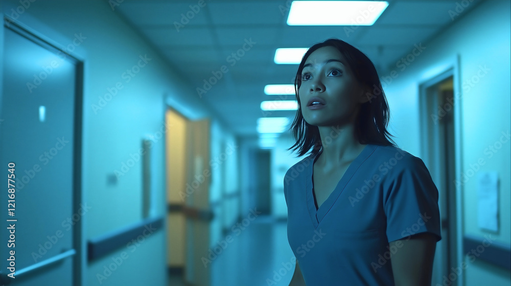 Obraz premium Nurse in Scrubs Expressing Anxiety While Navigating Hospital Corridor at Night