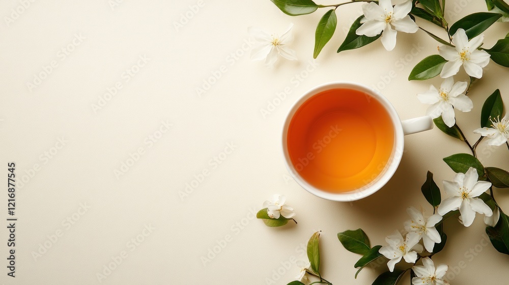 Overhead view of a cup of tea surrounded by jasmine blossoms on a beige background. Overhead view of a cup of tea surrounded by jasmine blossoms on a beige background.