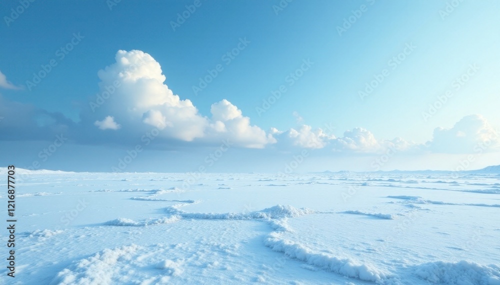 Desolate vastness of blue white clouds amidst a frozen expanse, peaceful, snow, serene Desolate vastness of blue white clouds amidst a frozen expanse, peaceful, snow, serene