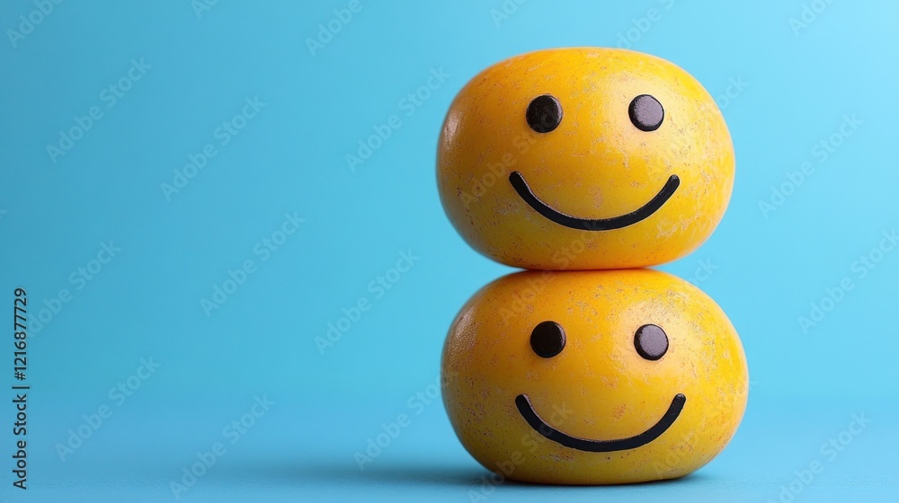 Fototapeta premium Happy Emojis Stacked, Blue Background, 3D Render, Website Design