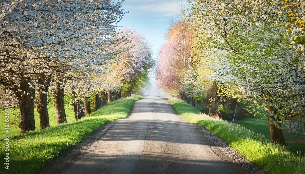 Scenic Spring Road – Tree-Lined Path with Fresh Green Foliage and Blooming Countryside Landscape Scenic Spring Road – Tree-Lined Path with Fresh Green Foliage and Blooming Countryside Landscape