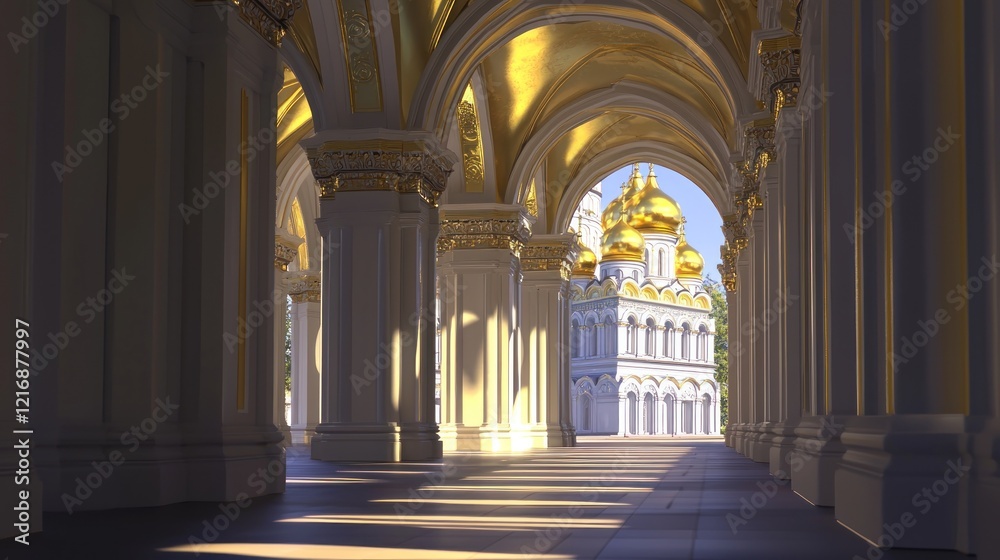 Fototapeta premium Golden-domed cathedral viewed through sunlit arcade