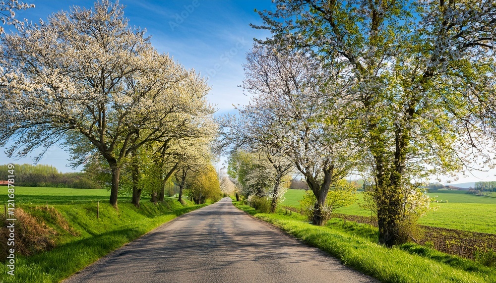 Scenic Spring Road – Tree-Lined Path with Fresh Green Foliage and Blooming Countryside Landscape Scenic Spring Road – Tree-Lined Path with Fresh Green Foliage and Blooming Countryside Landscape