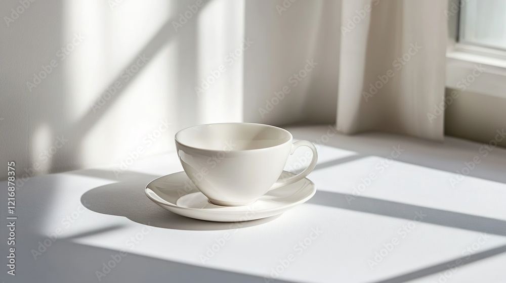 A white teacup and saucer on a white surface with soft shadows, a minimalist still life. A white teacup and saucer on a white surface with soft shadows, a minimalist still life.