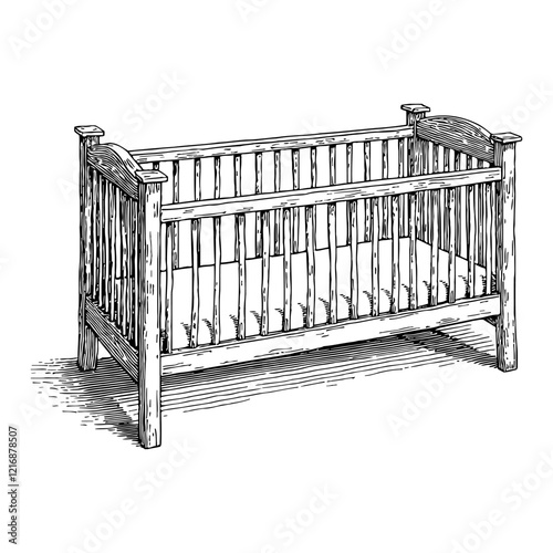Baby Cot with Crib Detailed Black and White Outline Line Art Drawing with Shadow