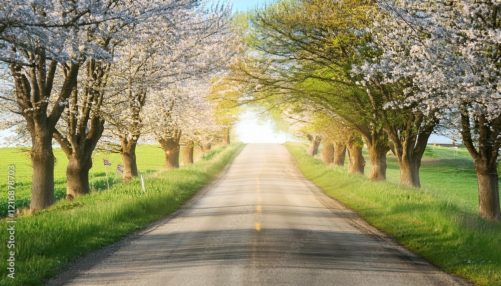 Obraz premium Scenic Spring Road – Tree-Lined Path with Fresh Green Foliage and Blooming Countryside Landscape