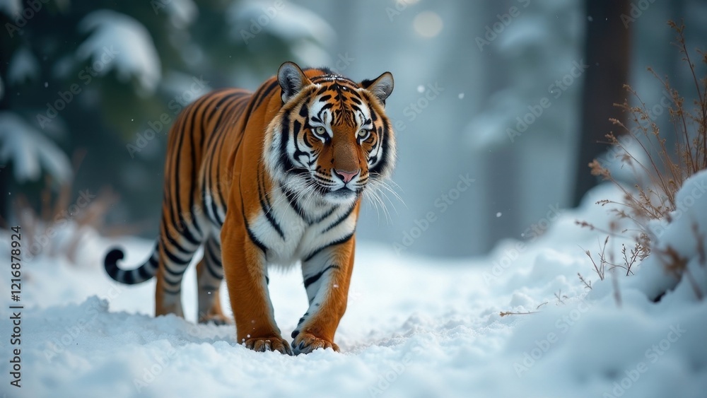Obraz premium Majestic Siberian tiger gracefully traversing a snow-covered path in a serene winter woodland