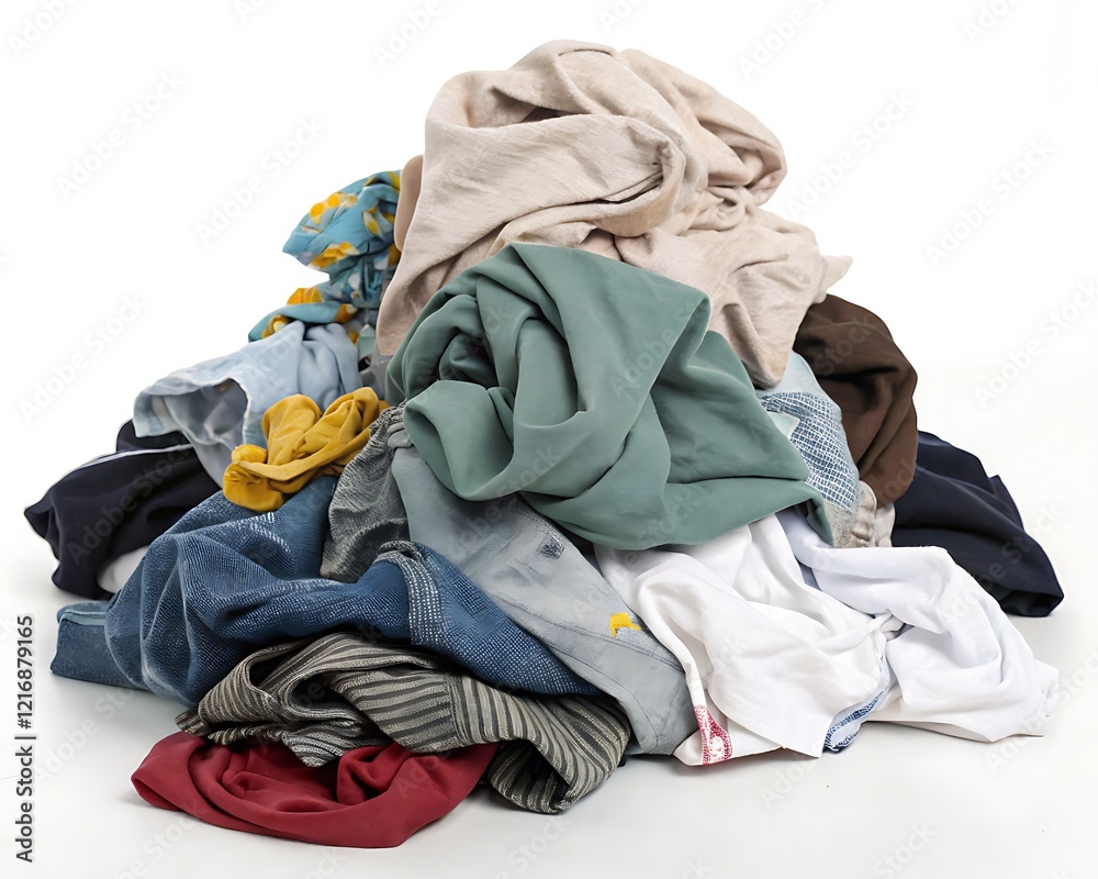Pile of dirty clothes isolated on a white background, showcasing wrinkled fabrics and laundry for household use.
Pile of dirty clothes isolated on a white background, showcasing wrinkled fabrics and laundry for household use.