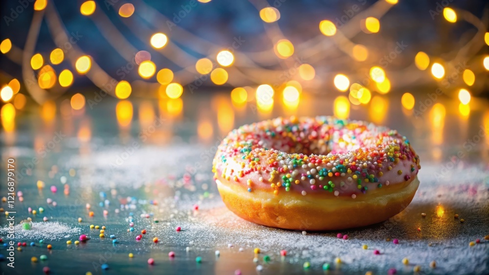 A colorful donut with a generous helping of icing sugar on top, surrounded by sprinkles and shining under bright studio lights, sweet desserts, edible decorations A colorful donut with a generous helping of icing sugar on top, surrounded by sprinkles and shining under bright studio lights, sweet desserts, edible decorations