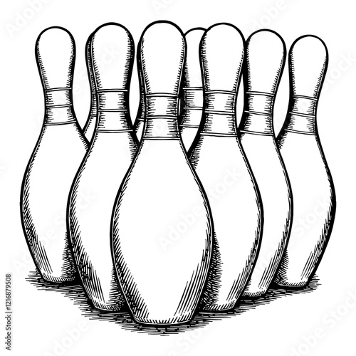 Six Bowling Pins Upright Formation in Detailed Black and White Outline Line Art Drawing