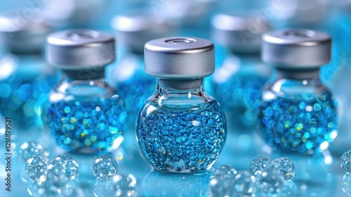 Blue vials, lab, research, bokeh background, medicine photo