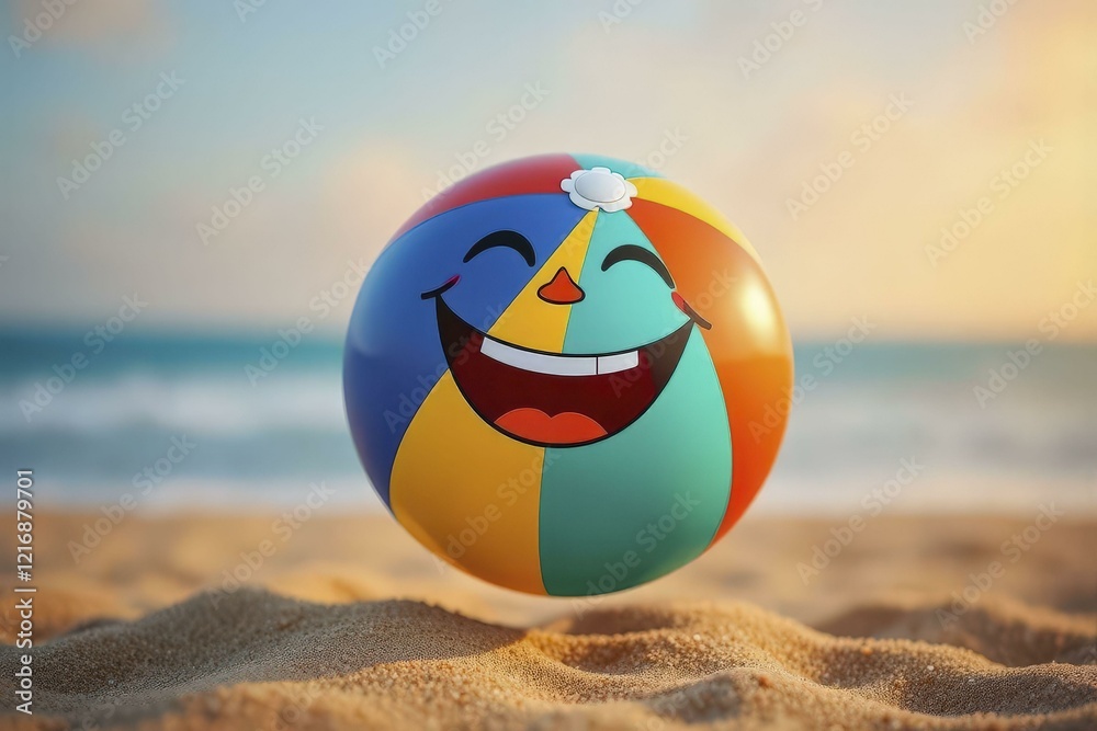 Colorful Beach Ball with Smiling Face and Sunset Beach Backdrop Colorful Beach Ball with Smiling Face and Sunset Beach Backdrop