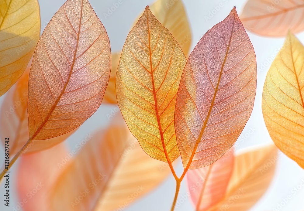 Obraz premium Delicate and Translucent Leaves in Soft Orange and Yellow Tones Against a Light Background, Capturing the Essence of Autumn, Nature, and Serenity in Detailed Close-Up