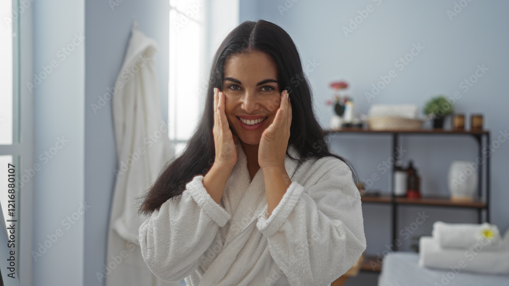 Woman smiling in a spa wearing a white bathrobe with a relaxing background. Woman smiling in a spa wearing a white bathrobe with a relaxing background.