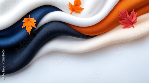 Abstract Autumn Design with Colorful Fabric Waves and Maple Leaves