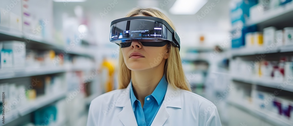 A woman in a lab coat wearing advanced augmented reality glasses, exploring a pharmacy filled with various medications and health products, showcasing the future of healthcare tech A woman in a lab coat wearing advanced augmented reality glasses, exploring a pharmacy filled with various medications and health products, showcasing the future of healthcare tech