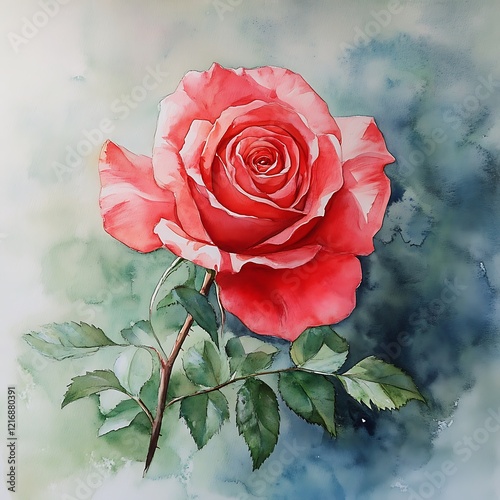 Obraz na płótnie Watercolor Red Rose with Green Leaves on Textured Background w salonie