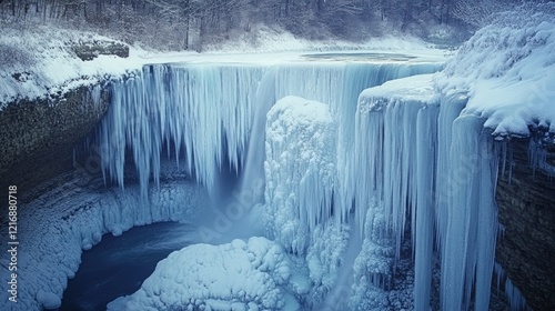 Frozen Waterfall Surrounded by Snowy Landscape in Winter Chill