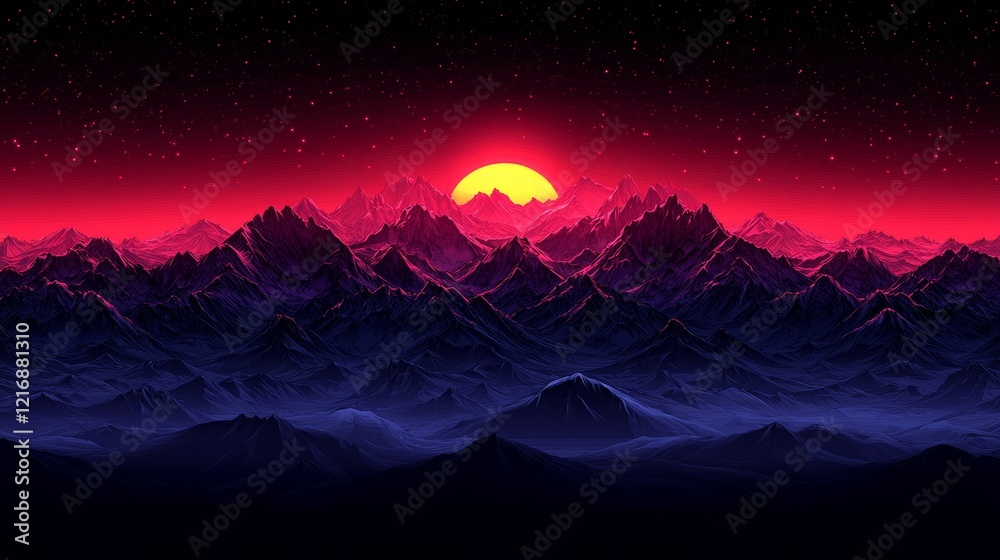 Obraz premium Crimson Sunset Over Silhouetted Mountain Range with Starry Sky