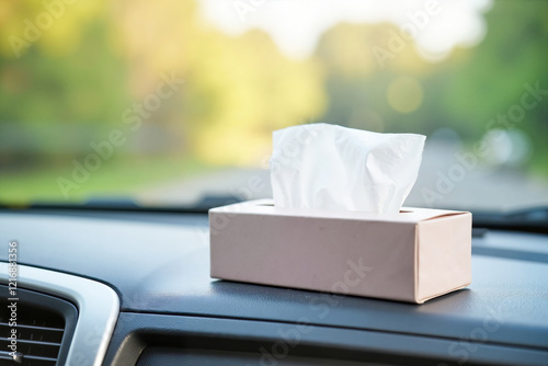 Realistic travel-sized tissue box resting on a car dashboard, illuminated by natural daylight, symbolism of convenience and comfort on the road.