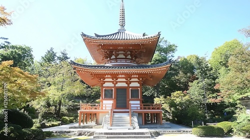 Witness the beauty of Japan's Red Sanjunoto Pagoda, a stunning Buddhist temple situated in the picturesque Kiyomizu area.  photo