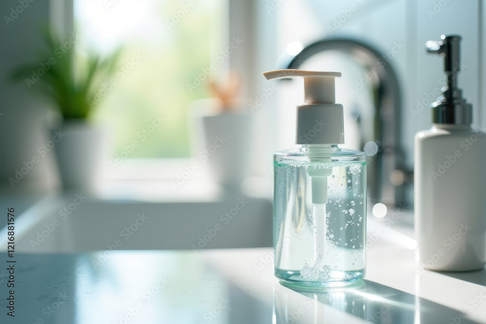 Clear soap dispenser on a bright bathroom countertop. Promoting hygiene awareness Clear soap dispenser on a bright bathroom countertop. Promoting hygiene awareness