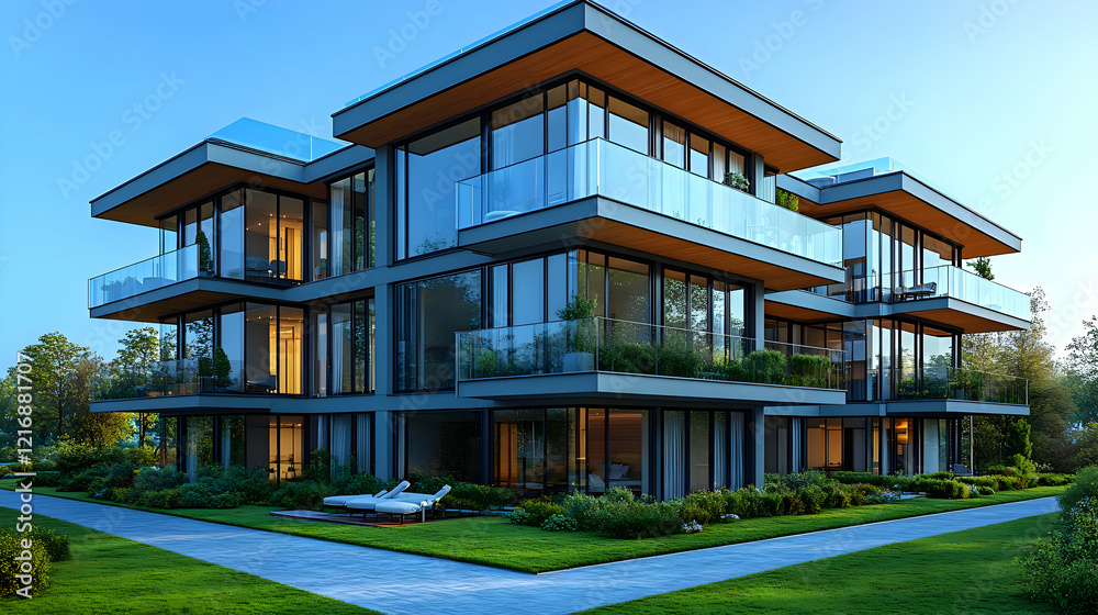 Obraz premium Modern Multi-Story Apartment Building with Glass Facade and Lush Green Landscaping