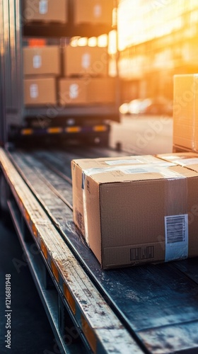 Closeup of labeled boxes loaded onto truck in warehouse photo