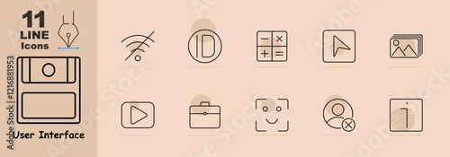 Wifi off, identification, calculator, forward, photo gallery, video, briefcase, smile, remove user, calendar. Icons highlight tools and interface features for productivity and file management