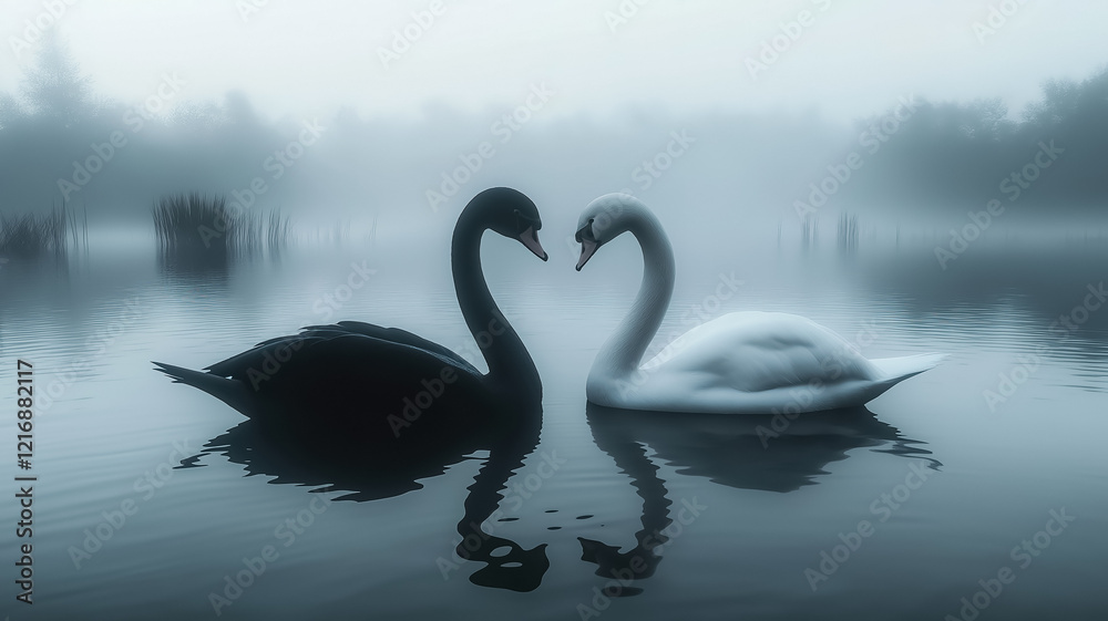 Fototapeta premium Two swans leaning towards each other in the shape of a heart