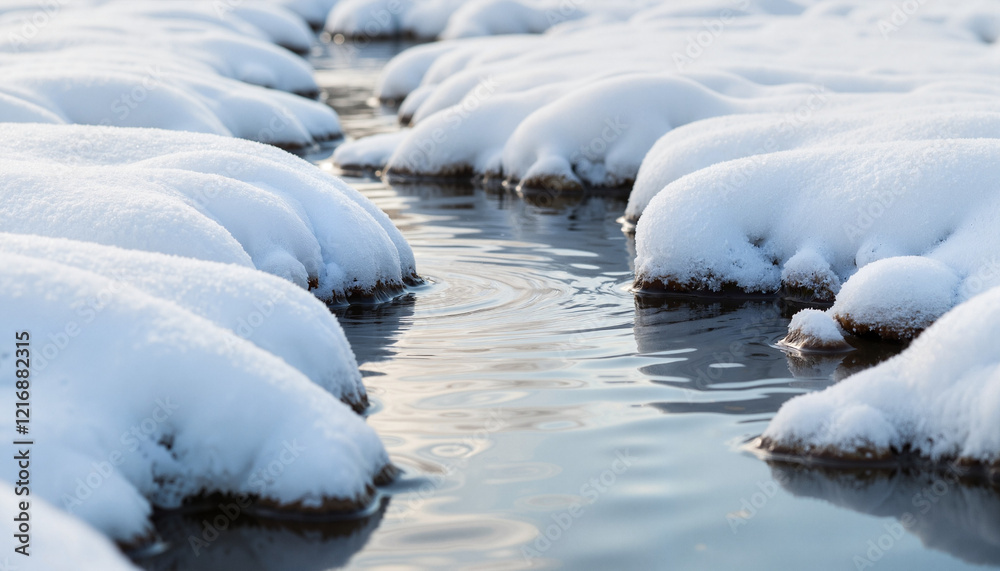 Snow melting into water with soft reflections, seasonal change Snow melting into water with soft reflections, seasonal change
