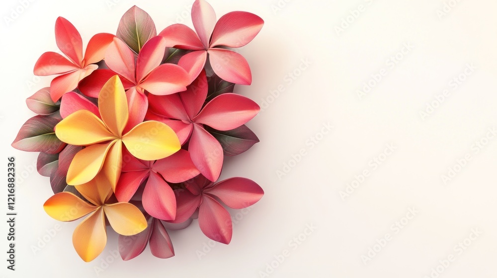 Obraz premium Red and yellow plumeria flowers on white background, floral arrangement, website header