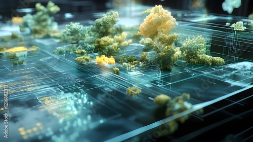 Futuristic digital landscape depicting interactive data visualization combining organic forms and technology, showcasing the fusion of nature and digital science in a vibrant, enga photo