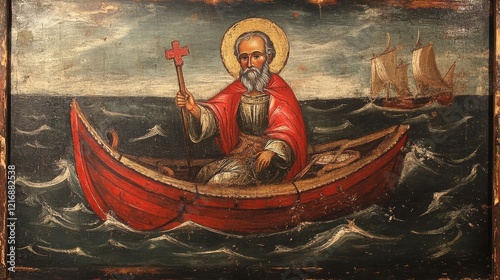 Saint Nicholas depicted aboard a boat, symbolizing his protection over sailors.
