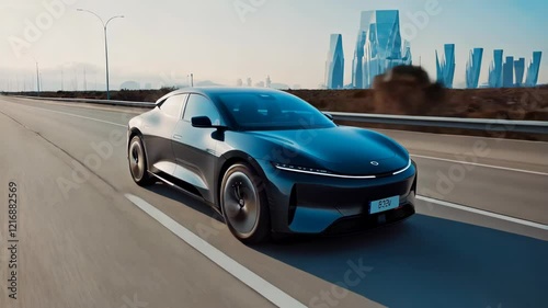 Electric Vehicle on Desert Highway, Futuristic Cityscape