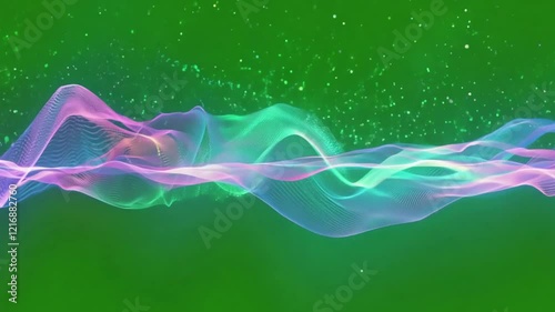 Abstract multicolored sound waves flowing dynamically against a green background, symbolizing futuristic audio visualizations, digital frequencies, and motion graphics concepts.
