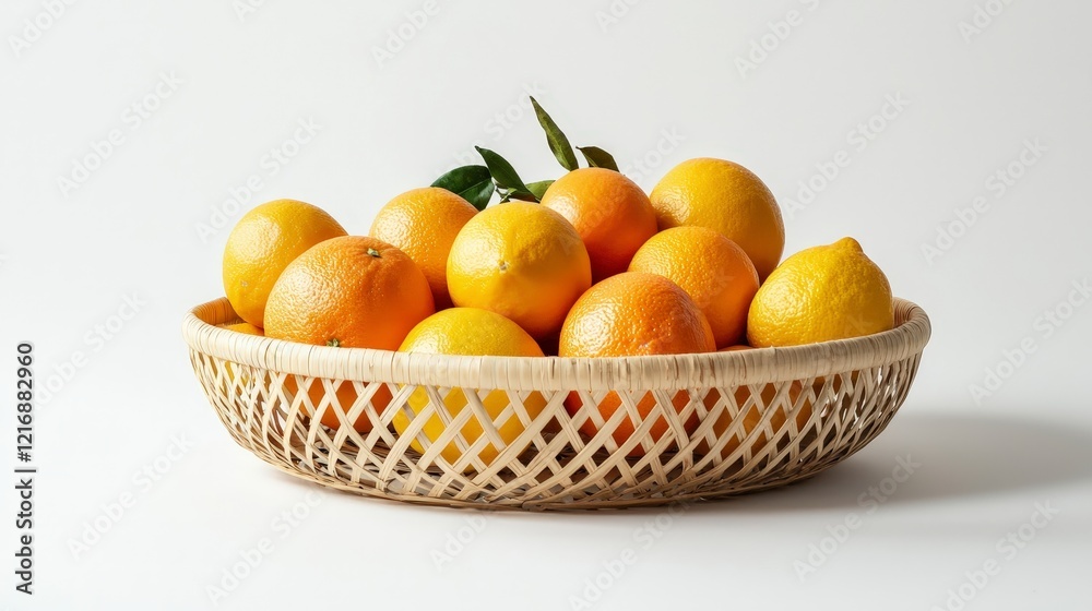 Fresh Citrus Fruits in a Decorative Woven Basket on White Background Fresh Citrus Fruits in a Decorative Woven Basket on White Background