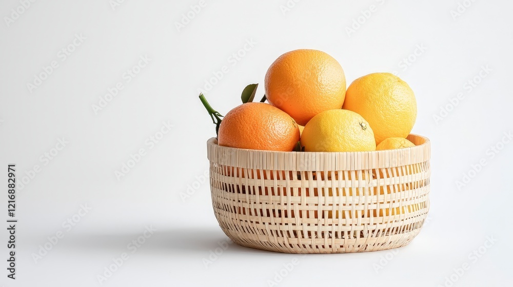 Fresh Citrus Fruits in a Natural Basket on a White Background Fresh Citrus Fruits in a Natural Basket on a White Background