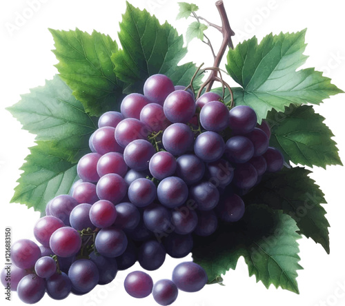 A realistic Cluster Of Purple Grapes With Green Leaves on a white background