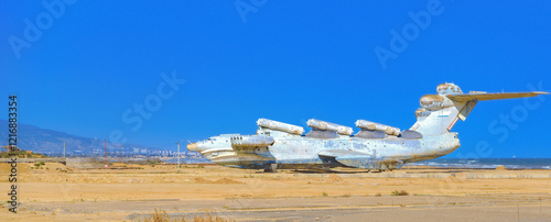 Ekranoplan Lun - Caspian monster on the shore of the Caspian Sea near the city of Derbent.Panoramic photo can be used as an illustration and background in articles about traveling in Dagestan