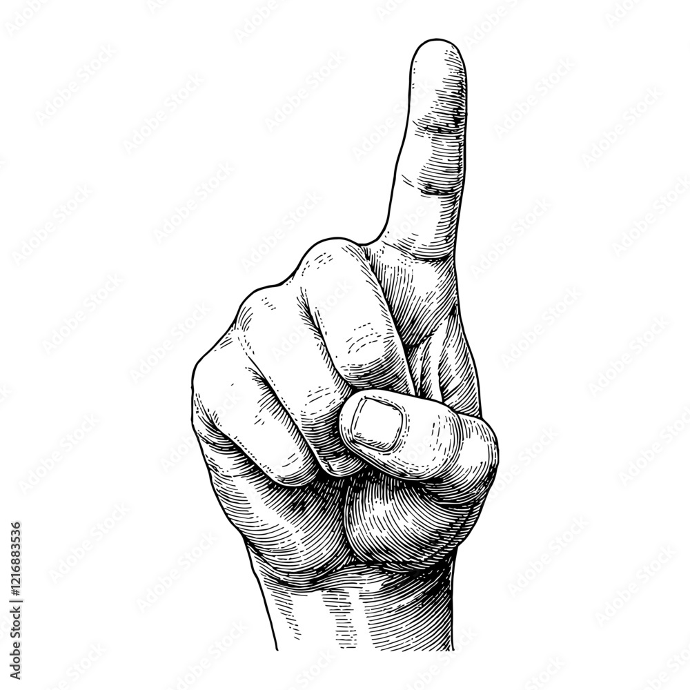 Pointing Up Hand Gesture in Detailed Black and White Outline Line Art Drawing with Vintage Style