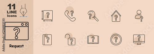 Browser with question mark, phone, magnifier, house, person, book, open lock, database, file, circle, and computer. Highlights search, inquiry, and user-related topics