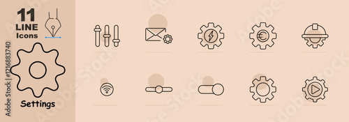 Settings set icon. Gear, sliders, envelope, electricity, currency, wifi, toggle, cogwheel, control. Represents system and app customization options